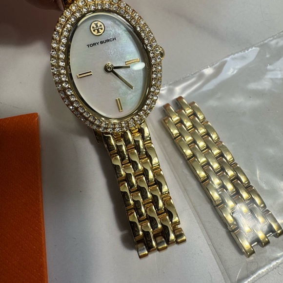 TORY BURCH Gold Link Mother Of PearlWatch with Orange Box Crystals Dressy - Picture 4 of 10